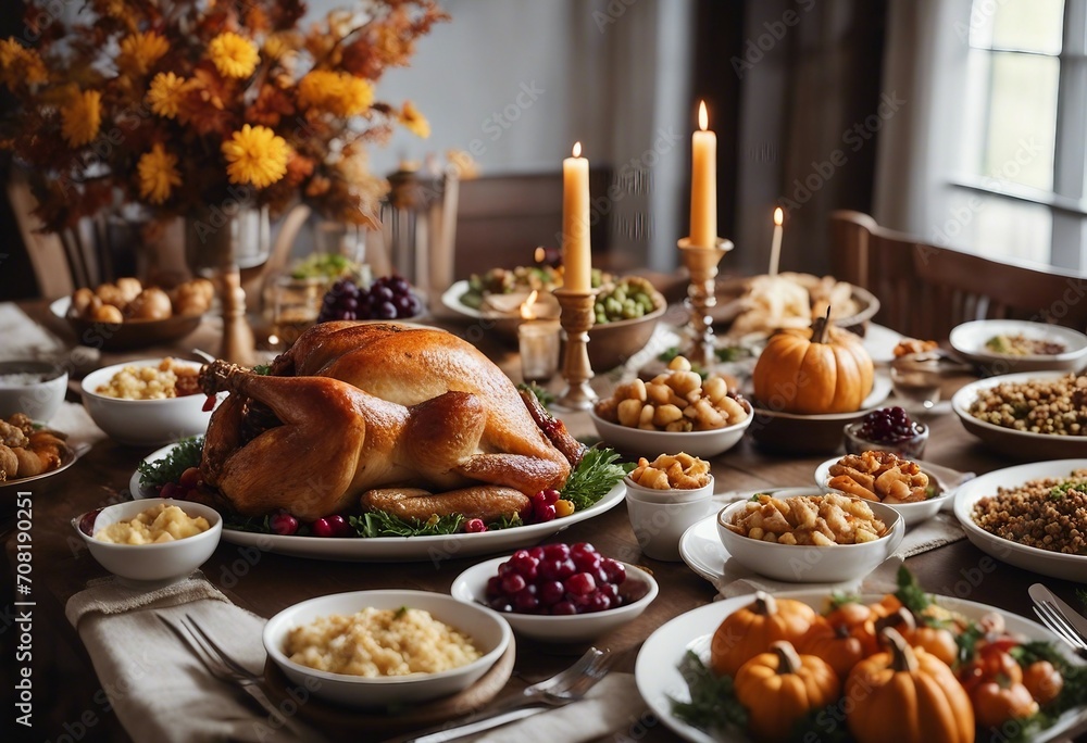 Thanksgiving table with turkey and sides