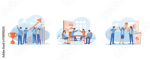 Success and happiness teamwork concept. Joint success. Businessman and colleagues high five each other. The manager gave both assistants a high five. set flat vector modern illustration