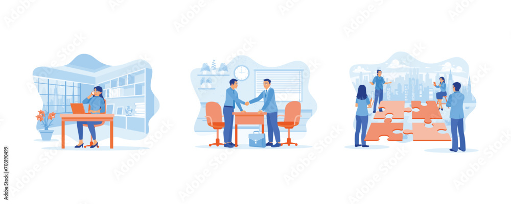 Employee Making concept. Make telephone calls with clients. Entrepreneurs building partnerships. Discuss and create successful new projects. set flat vector modern illustration Employee Making concept. Make telephone calls with clients. Entrepreneurs building partnerships. Discuss and create successful new projects. set flat vector modern illustration