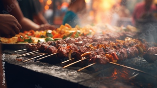 Closeup of a local street vendor expertly grilling juicy kebabs while customers wait in line at their food cart. photo