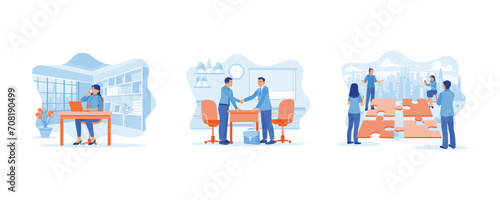 Employee Making concept. Make telephone calls with clients. Entrepreneurs building partnerships. Discuss and create successful new projects. set flat vector modern illustration