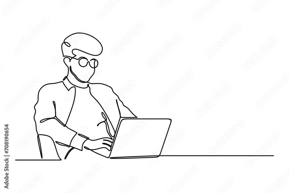 Continuous line drawing of business man working on laptop. Happy young businessman concept. one line drawing. Doodle vector illustration