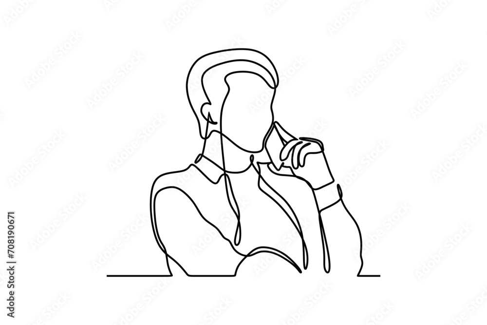 continuous line drawing of young man talking on cellphone. Business concept. One line drawing. Doodle vector illustration