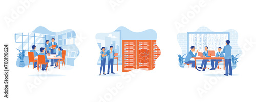 Discuss Information concept. Discuss business ideas. Standing in a data centre with server racks. AI programmers and software development team brainstorming. set flat vector modern illustration