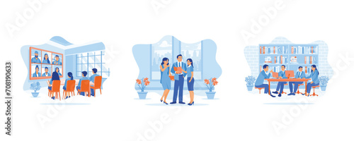 Discuss Information concept. Global corporate online video conference. Group of young businesspeople standing. Discuss during meetings. set flat vector modern illustration  