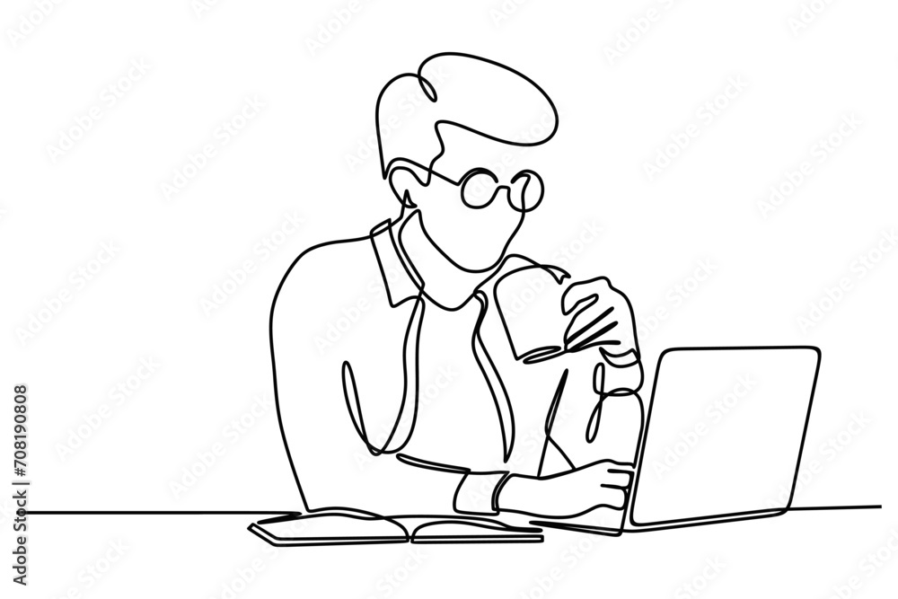 confident businessman using laptop while drinking coffee. continuous line drawing. vector illustration