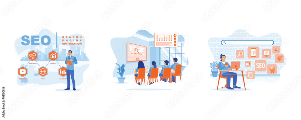 Fototapeta premium SEO concept. Male manager using digital tablet. Four young businesspeople are sitting in a conference room. SEO and online search engine icon. set flat vector modern illustration 