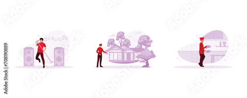 Various occupations people concept. A young male singer holding a microphone on stage. Security guards go around keeping the complex safe. A male chef wearing a cloche cover. 