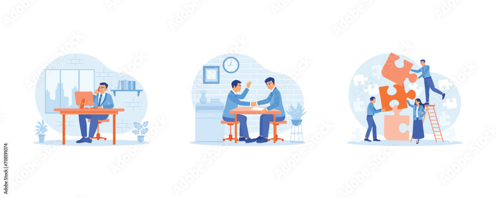 Employee Making concept. A businessman is making a call with a client and congratulating new partners. Discuss and create new business work projects. set flat vector modern illustration