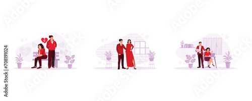  Relationship concept. Young couple quarreling sitting on chairs. Romantic couple doing studio photo. Coworkers using computers. set flat vector modern illustration 