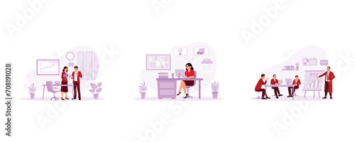  Office concept. Diverse business people working in office. A happy businessman finds a successful financial idea. Businessman making project presentation on the flip chart.