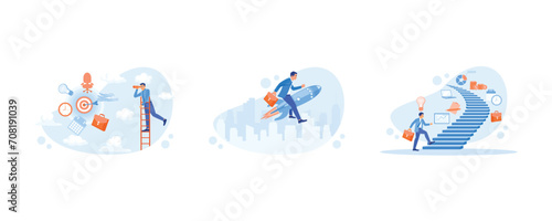 Career Development concept. Standing on the stairs looking using a telescope. Businessman with rocket jet. Business ideas along the stairs. set flat vector modern illustration 