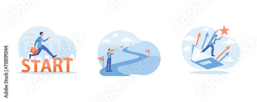 Career Development concept. Walk on the word start. Look at the end of the road using a telescope. A businessman emerges from the book, reaching for the stars. set flat vector modern illustration 