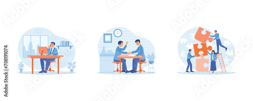 Employee Making concept. A businessman is making a call with a client and congratulating new partners. Discuss and create new business work projects. set flat vector modern illustration