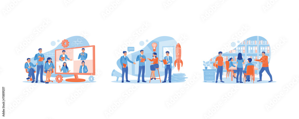 Discuss Information concept. Video conference. Express ideas for new business projects. Meeting in the file storage room. set flat vector modern illustration 
