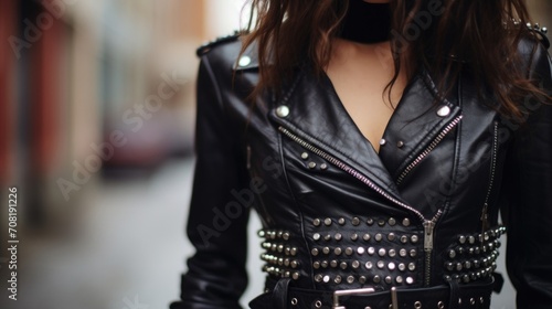 Closeup of a fringetrimmed leather jacket and edgy studded belt on a trendy fashionista, adding an element of rebelliousness to their street style look. photo