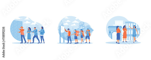 Tourist Guide concept. The tour guide explains the history of a building. Tourists gather around the tour guide. Tourists go on tour. set flat vector modern illustration 