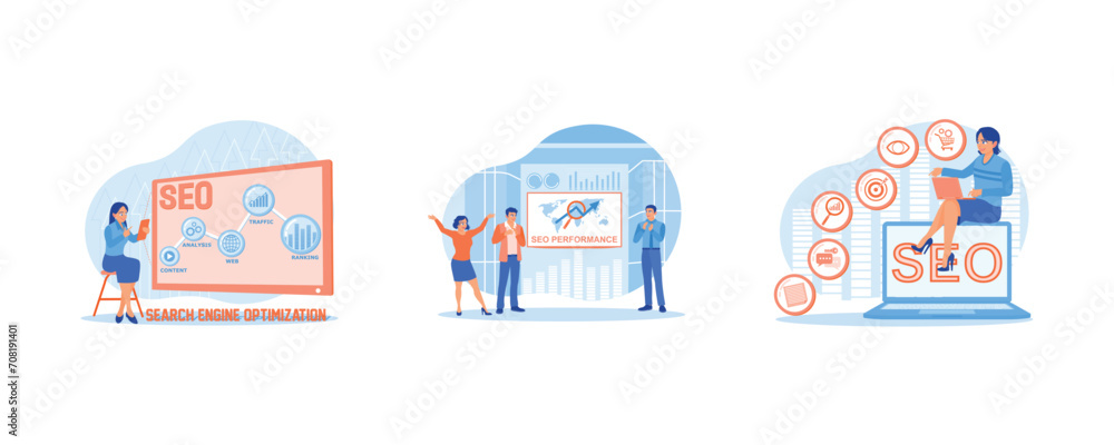 Fototapeta premium SEO concept. Using digital tablets to market products. Businessman using SEO performance on LCD screen. Digital marketing strategy. set flat vector modern illustration 