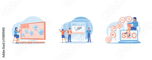 SEO concept. Using digital tablets to market products. Businessman using SEO performance on LCD screen. Digital marketing strategy. set flat vector modern illustration 