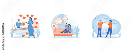Virtual Relationships concept. Young couple having a virtual date. Mother and daughter watching a movie using a laptop. Young couple using virtual glasses. set flat vector modern illustration 