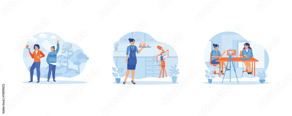 Content Creator concept. Two Vloggers make a video while on vacation. A young female vlogger is making cakes in the kitchen. Recording vlogs using a digital camera. Flat vector illustration.