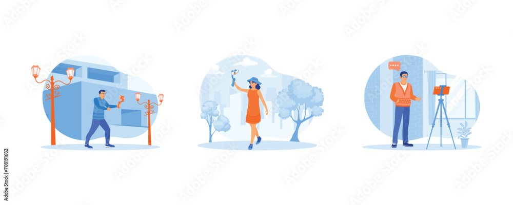 Content Creator concept. Vlogger walks on city streets. Vlogger records while walking. A young man is standing before a mobile phone mounted on a tripod. Flat vector illustration. Content Creator concept. Vlogger walks on city streets. Vlogger records while walking. A young man is standing before a mobile phone mounted on a tripod. Flat vector illustration.