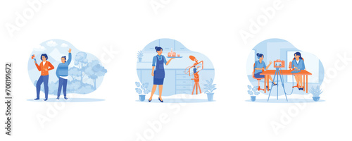 Content Creator concept. Two Vloggers make a video while on vacation. A young female vlogger is making cakes in the kitchen. Recording vlogs using a digital camera. Flat vector illustration.