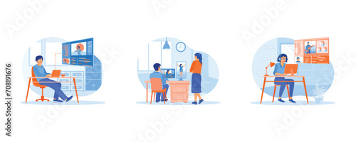 Video Editor concept. Film post-production. Editing video recordings using a computer with two screens. Female video editor using headphones. Flat vector illustration.