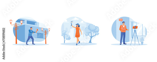 Content Creator concept. Vlogger walks on city streets. Vlogger records while walking. A young man is standing before a mobile phone mounted on a tripod. Flat vector illustration.
