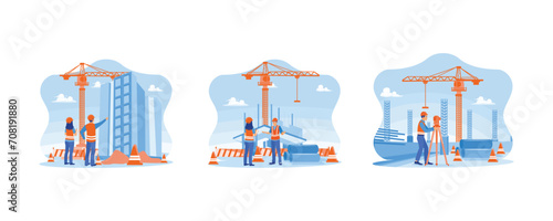 Architect and engineer construction concept. Discussion of construction engineers and architects. Examining home and industrial building design projects. Engineer with theodolite transit equipment. 