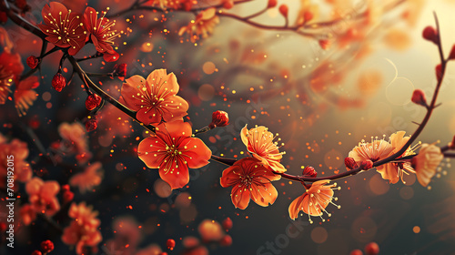 Cherry blossoms with red and gold colors against a dark, serene backdrop. Lunar New Year concept © Tazzi Art