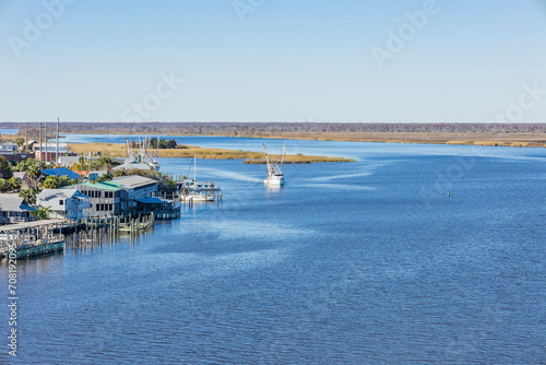 An aerial view of the Apalachicola River with shrimp boats.
