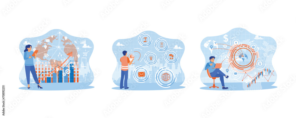 Creative telecommunication concept. A woman is standing holding a digital tablet. Entrepreneurs use telecommunications and internet networks. Selecting ideas and concept plans for global success. 