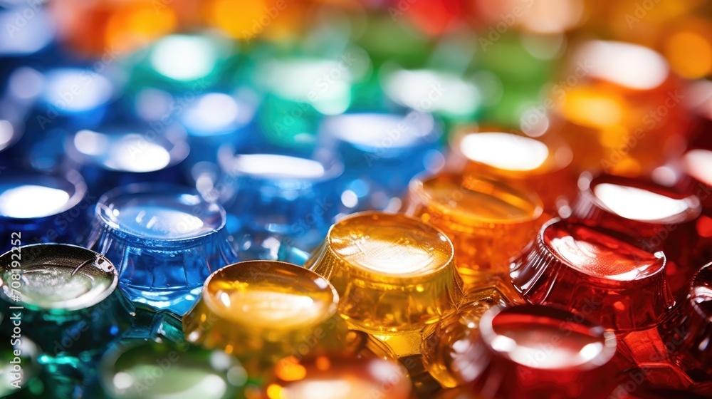 Closeup of a collection of plastic bottle caps being melted and molded into a unique piece of jewelry or artwork. - obrazy, fototapety, plakaty 