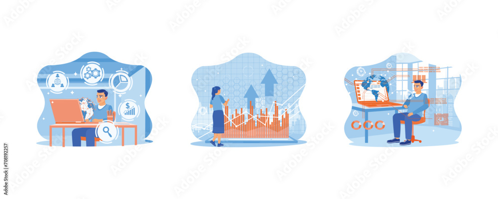 Concept Technology with forex graph hologram. Development of digital software technology. Businessman using tablet with upward arrow and business graph. Businessman with charts and futuristic world Concept Technology with forex graph hologram. Development of digital software technology. Businessman using tablet with upward arrow and business graph. Businessman with charts and futuristic world