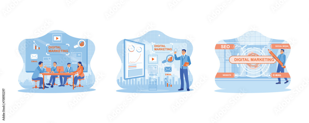 Diverse business people holding meetings in the presentation room.    Digital marketing media. Man using a giant pencil in front of a virtual screen. set flat vector modern illustration  
