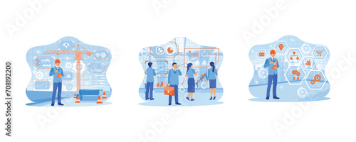 Creative telecommunication concept. Construction engineer using digital tablet. Business people using digital business screens. Entrepreneurs use digital marketing media. 