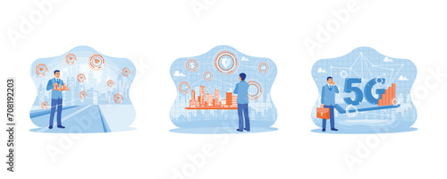 Telecommunication and internet in smart city concept. Man, he is standing on a city street holding a city miniature and creating a 5G wireless digital connection concept. 