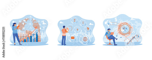 Creative telecommunication concept. A woman is standing holding a digital tablet. Entrepreneurs use telecommunications and internet networks. Selecting ideas and concept plans for global success. 