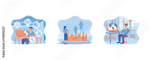 Concept Technology with forex graph hologram. Development of digital software technology. Businessman using tablet with upward arrow and business graph. Businessman with charts and futuristic world