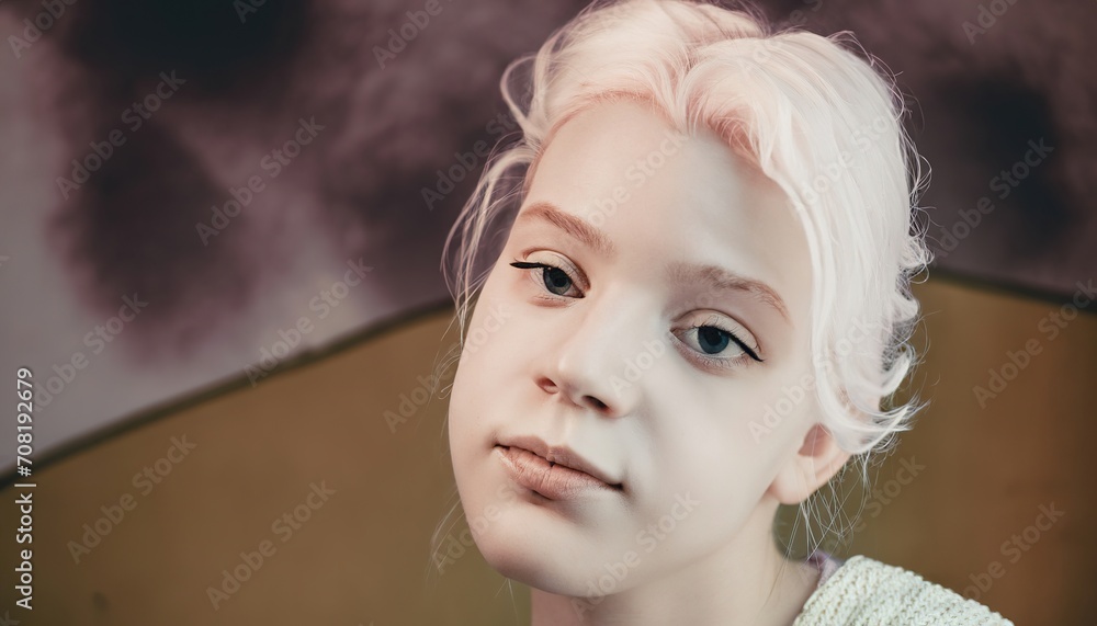 Close-up portrait of a young serene albino woman with unusual appearance. Naive and pure look. Inclusion and diversity. Close-up portrait of a young serene albino woman with unusual appearance. Naive and pure look. Inclusion and diversity.
