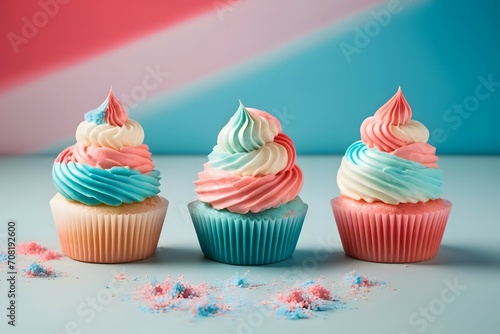 red, white, and blue cupcakes with a pastel backdrop
