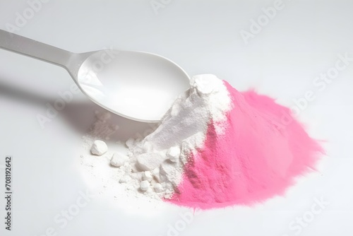 a close-up shot of a pile of white powder with a pink pre-workout scooper on a white background, high resolution, studio lighting, with shadows, modern and sleek design, minimalistic, rainbow color a