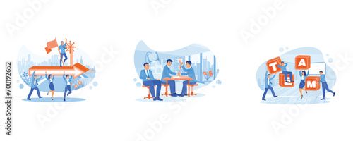 Employee Making concept. Businessman leads team to success. Shake hands after reaching a mutual agreement. Arrange the word blocks to form the word TEAM. set flat vector modern illustration 
