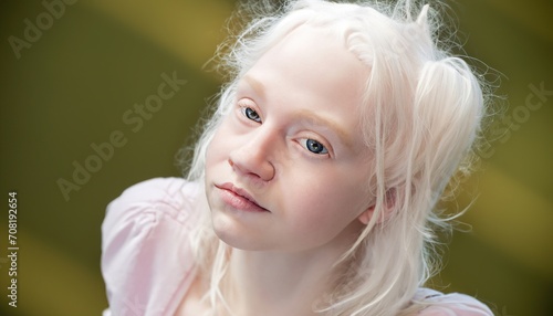 Close-up portrait of a young serene albino woman with unusual appearance. Naive and pure look. Inclusion and diversity.