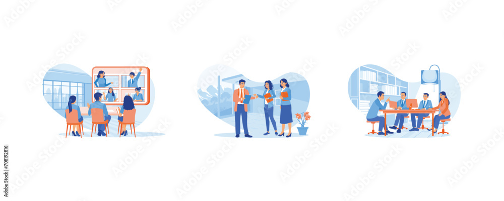  Discuss Information concept. Online video conferencing. A group of young businesspeople discussing and talking about research. set flat vector modern illustration 