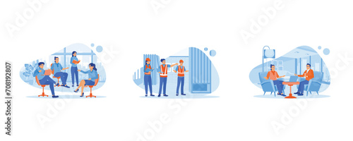 Discuss Information concept. Businessman team collaborative process. Engineer and architect work discussion plans. Bankers make recommendations and consult. set flat vector modern illustration