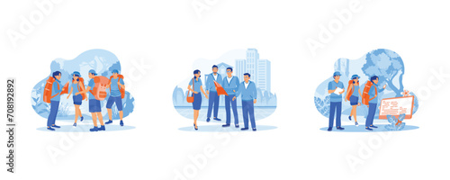  Tourist Guide concept. Traveler tries to find a way. A group of friends explore the city. They were trekking on forest paths. set flat vector modern illustration 