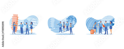 Tourist Guide concept. A group of tourists in Pisa, Italy. Graffiti tour guide. Together on the train station platform. set flat vector modern illustration 