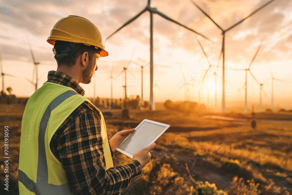 Maintenance engineer inspecting wind turbines, holding tablet, looking to wind turbines. He develops new technologies. Maintenance engineer inspecting wind turbines, holding tablet, looking to wind turbines. He develops new technologies.